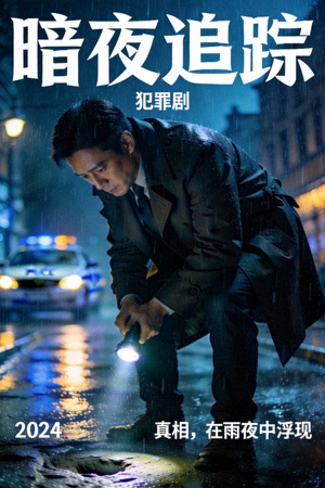 犯罪剧《暗夜追踪》海报 - 侦探在雨夜街道调查案件